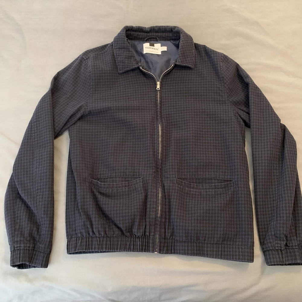 Topman Jacket Mens Medium Blue Check Cotton Bomber Full Zip Lined Pockets‎